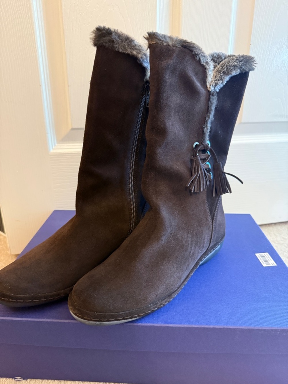 Stuart Weitzman Dark Brown Suede Faux-Fur Trim Mid-Calf Boots with Tassels